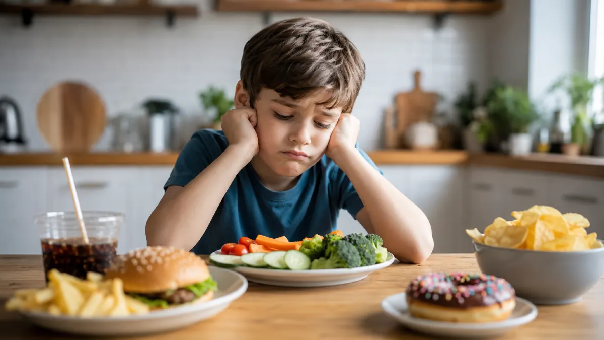 Imagen de un niño que no quiere comer su vegetales, mientras está rodeado de alimentos ultraprocesados llenos de azúcar.