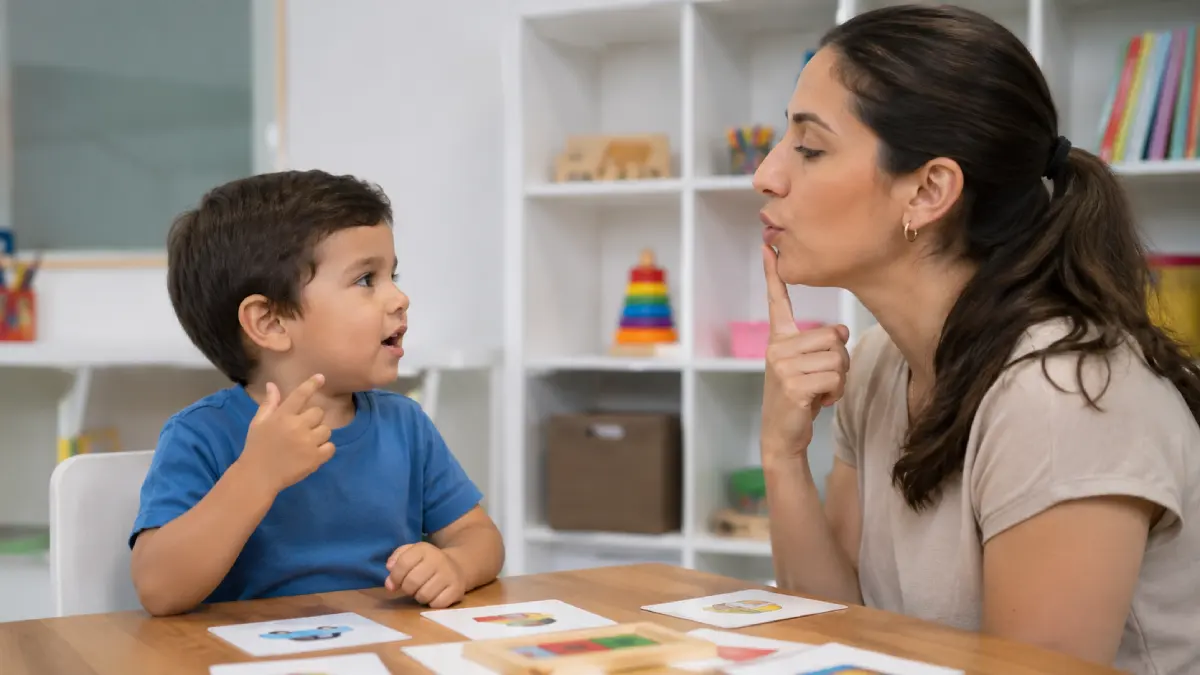 Niño participando en una sesión de fonoaudiología para estimular el desarrollo del lenguaje junto a una especialista en comunicación infantil.
